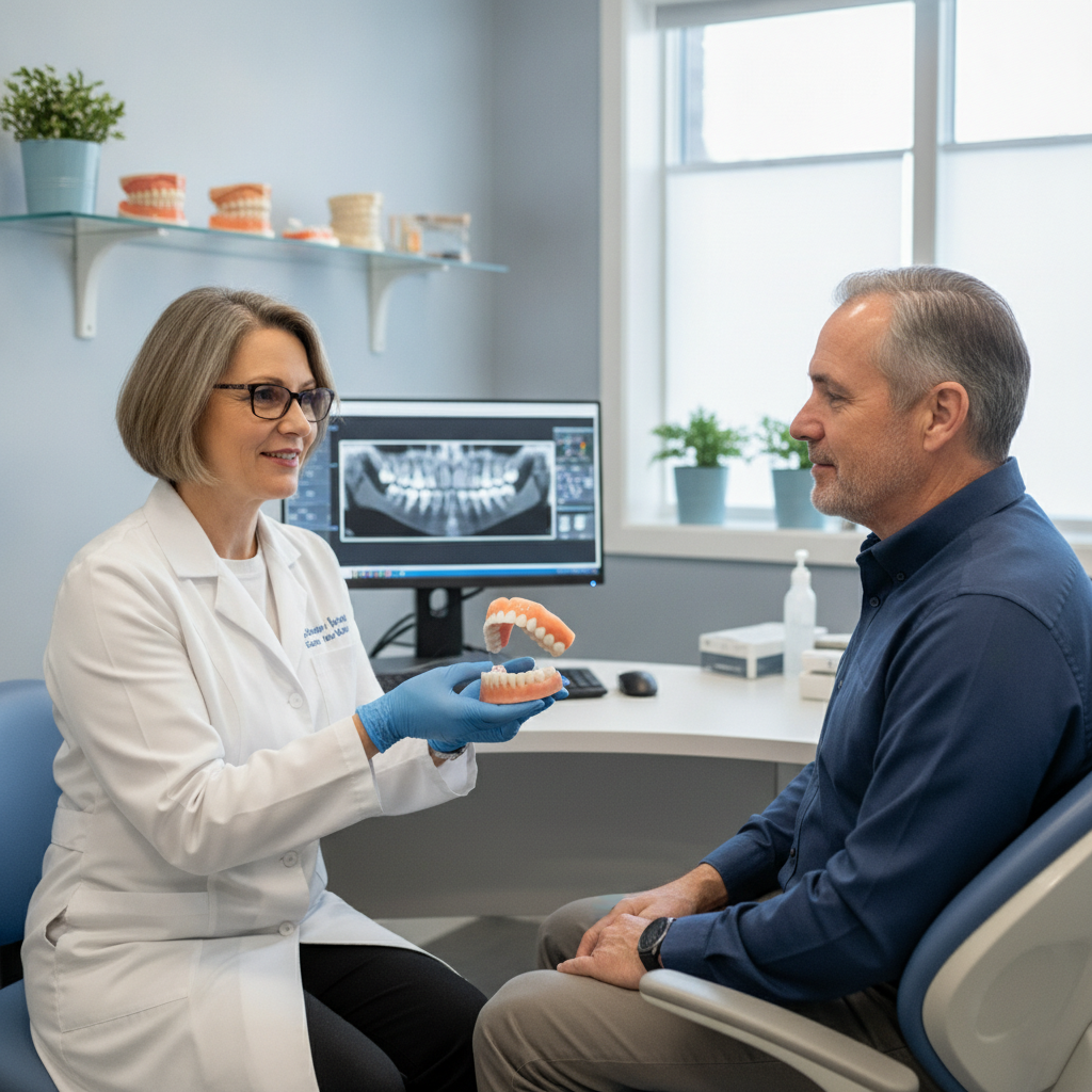Denturologiste montrant une prothèse dentaire complète en acrylique à une patiente en clinique à